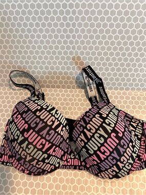 Juicy Couture Black Underwire Bra with Pink and Purple Logo Print Size 38D
